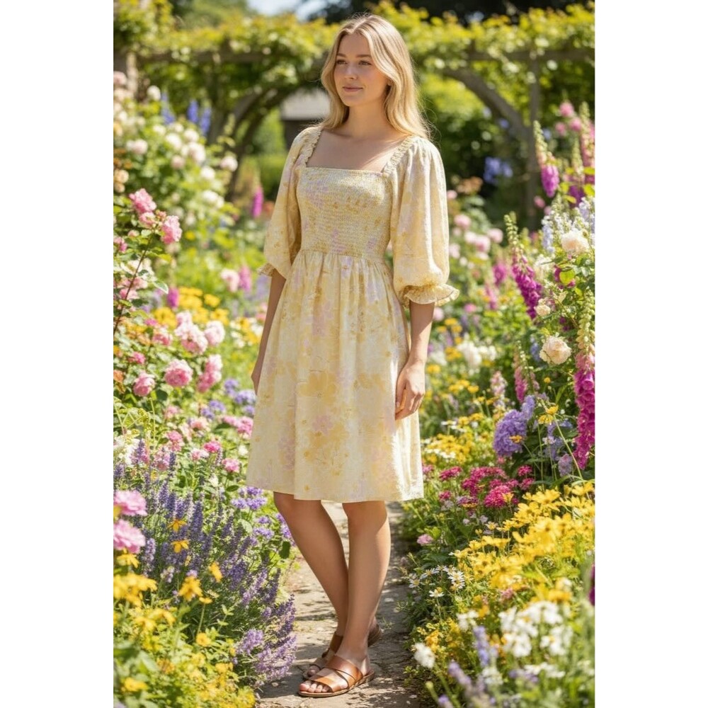 Billabong Yellow Floral Smocked Sundress Milkmaid Puff Sleeve Cottagecore Sz M